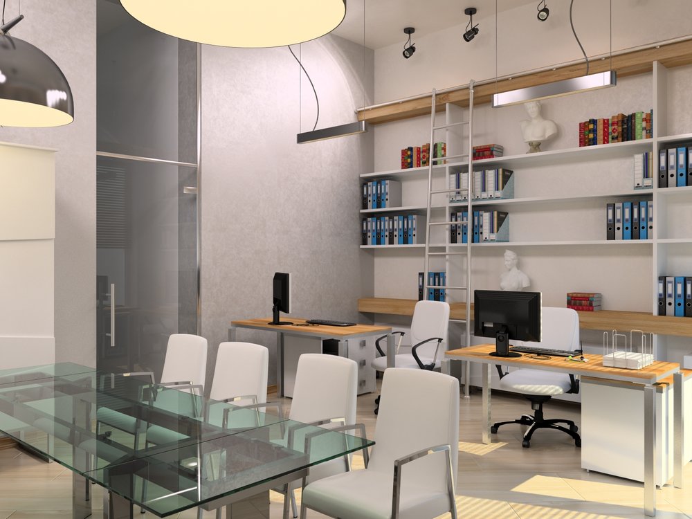 Open shelving office in a loft style.