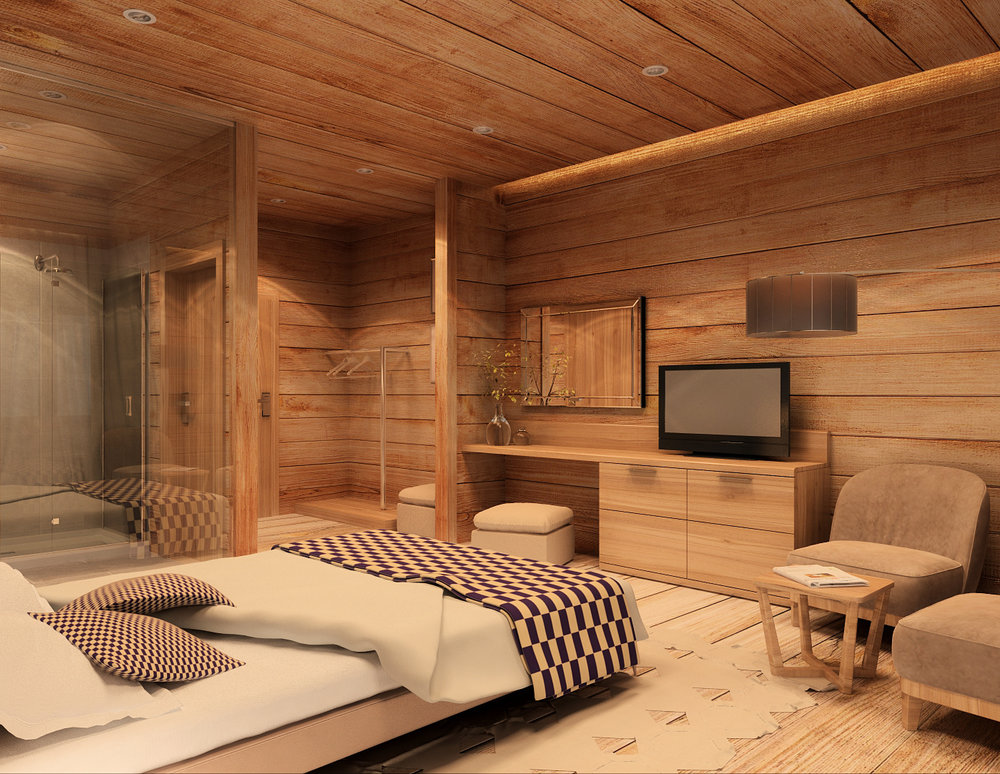 Style chalet in the interior design of the hotel.