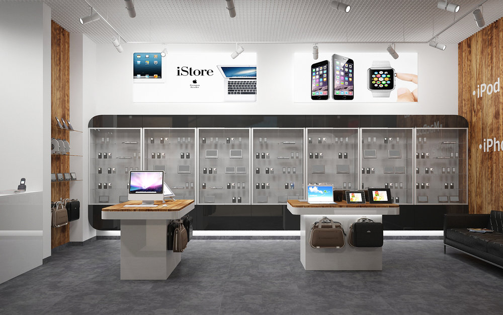 Window dressing in the store of Apple products.