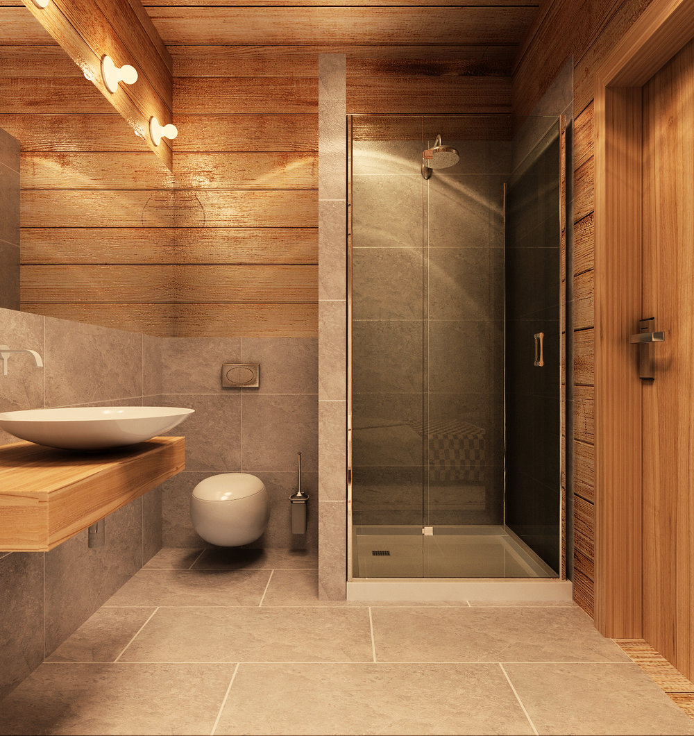 Проект дизайну ванної кімнати в стилі шале.