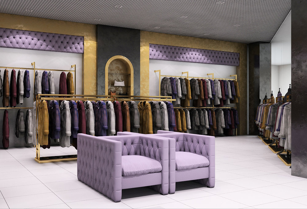 Gold and purple color in interior design of the store.