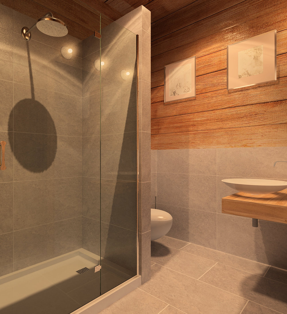 The interior of the shower in the chalet style.
