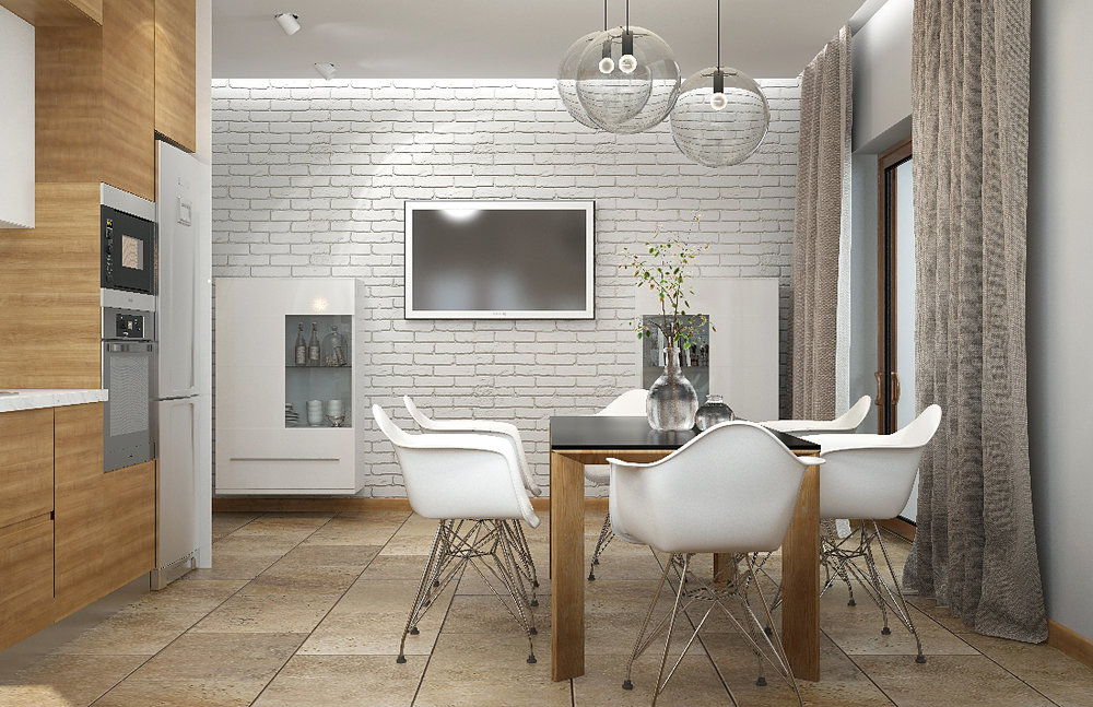 A dinner zone is in the design of interior of kitchen.