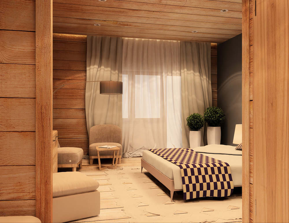 Natural materials and decoration of the room in a chalet style.