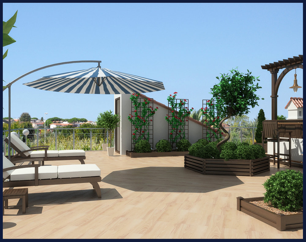 Design of area with sunbeds on the roof of a house in Rome.