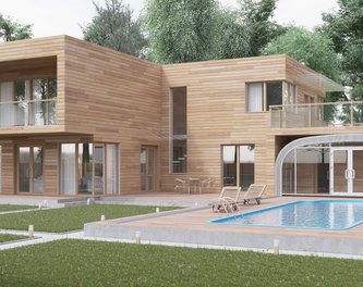 Дизайн современного дома из термодерева с бассейном