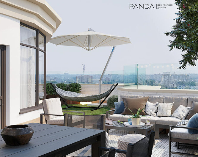 Terrace design in the apartment with city views.